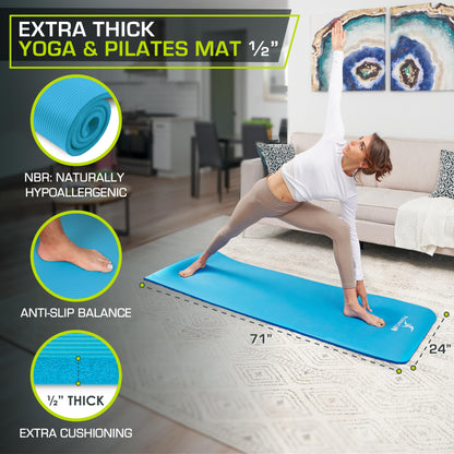 ProsourceFit Extra Thick Yoga and Pilates Mat ½” (13mm) or 1" (25mm), 71-inch Long High Density Exercise Mat with Comfort Foam and Carrying Strap