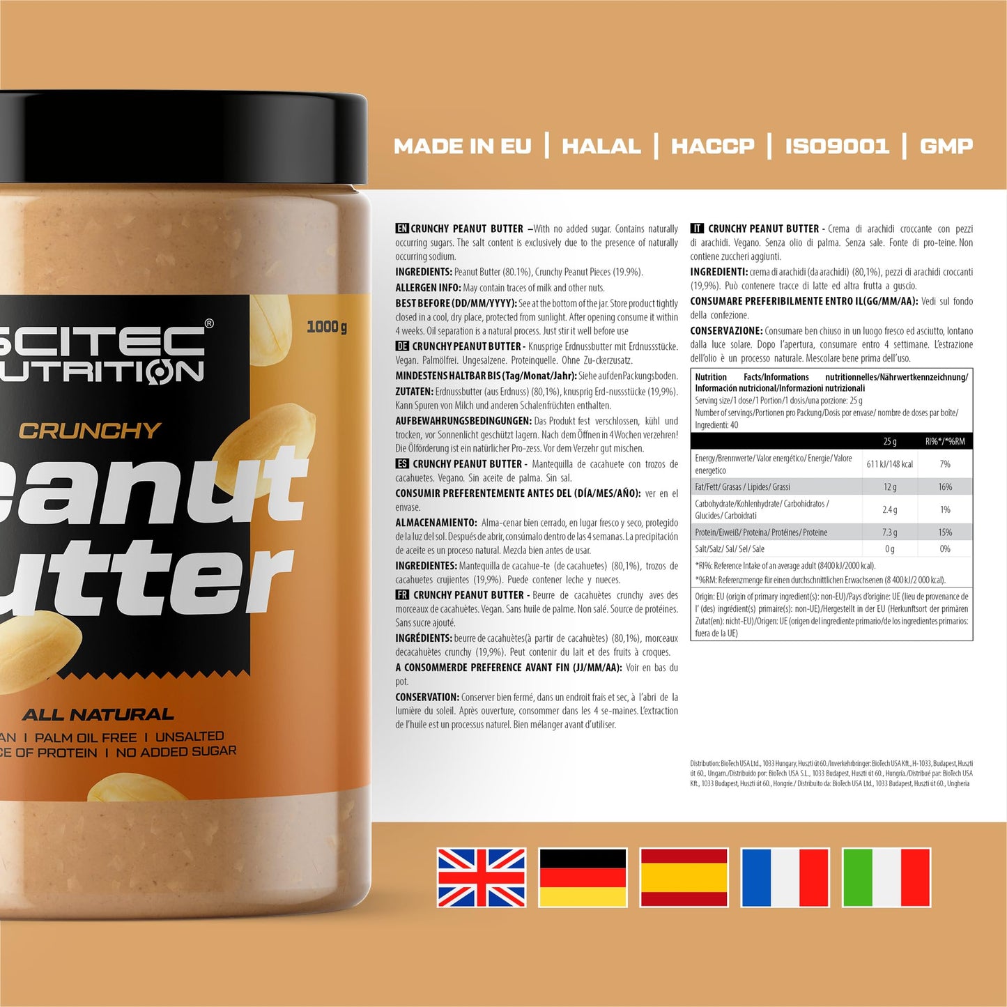 Scitec Nutrition Peanut Butter - Senza olio di palma - Vegano - A basso contenuto di sale - Fonte di proteine - A basso contenuto di zuccheri - Potenziamento energetico naturale, 1 kg, Crunchy