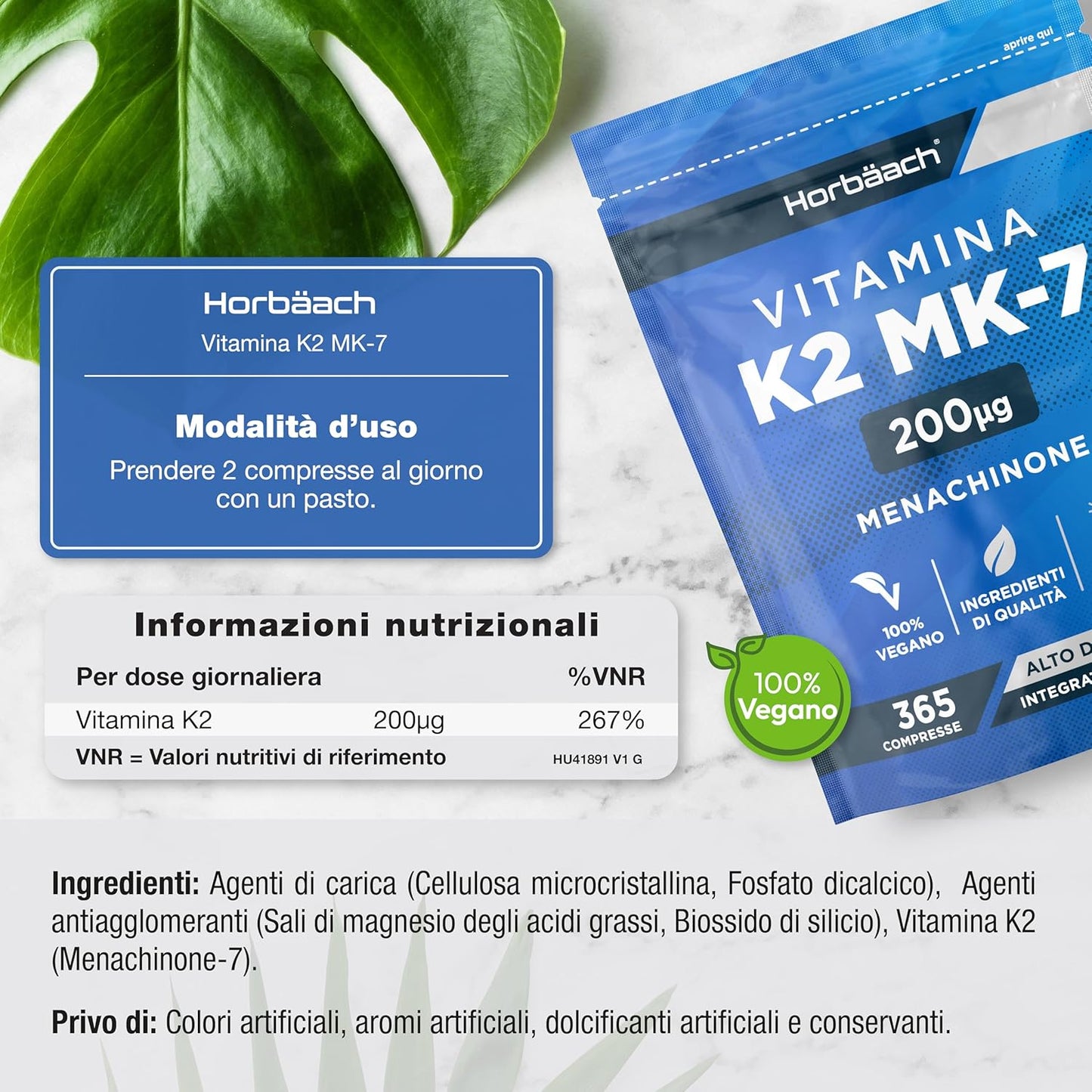 Vitamina K2 MK7 200 mcg Alto Dosaggio | 365 Compresse Vegane | Menachinone MK-7 | Integratore Alimentare Contribuisce al Mantenimento di Ossa Normali | Horbaach