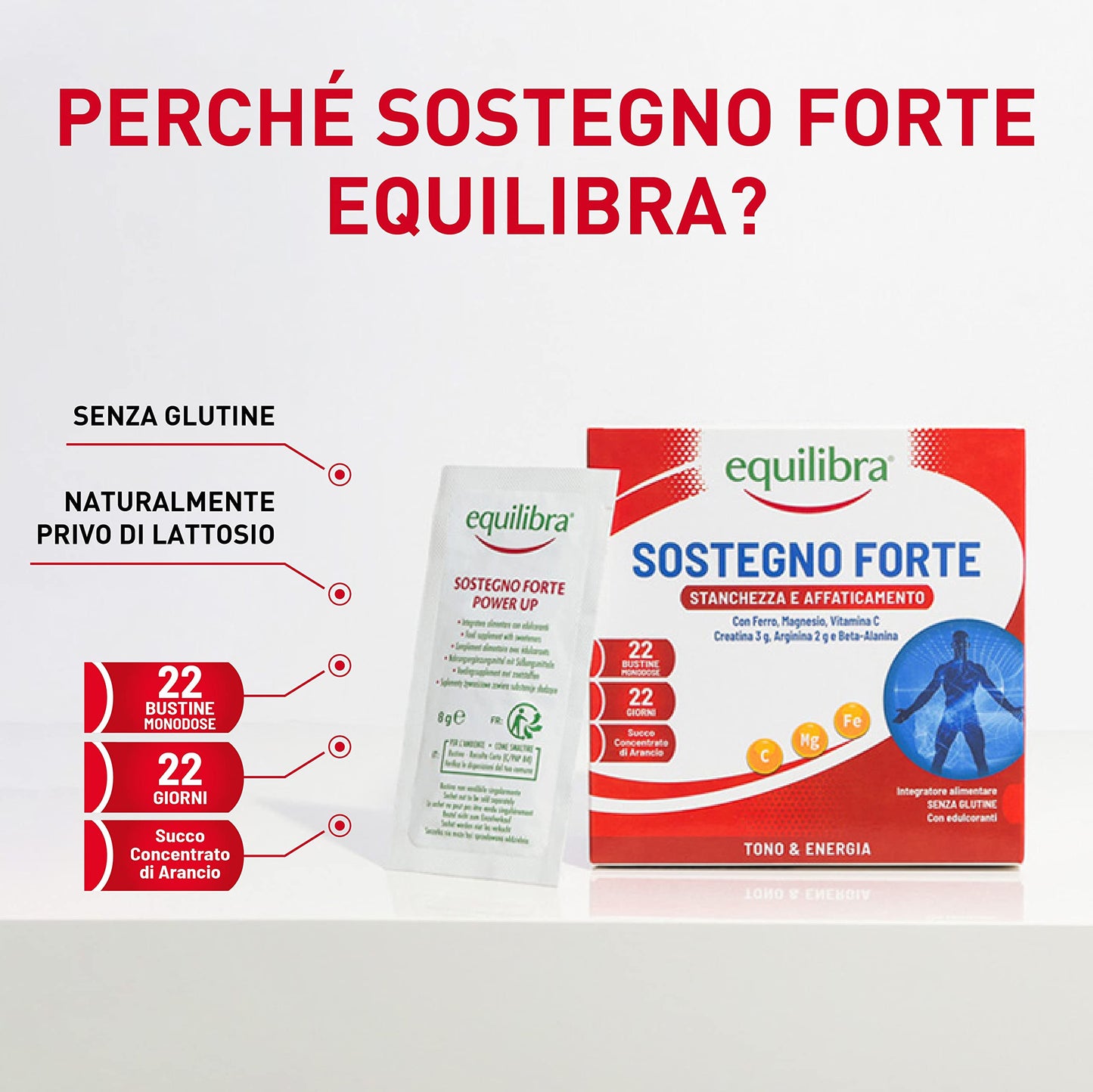 equilibra Integratori Alimentari, Sostegno Forte, Integratore con Creatina, Arginina, Vitamine C, B1, per Incrementare le Prestazioni Fisiche, con Succo Concentrato di Arancio, 22 Bustine Monodose