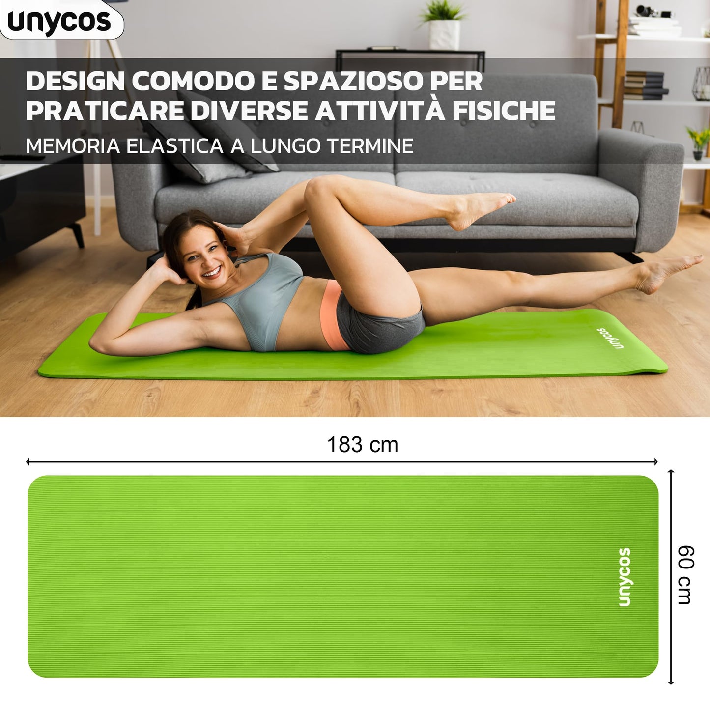 unycos - Tappetino Antiscivolo da Yoga, Pilates e Ginnastica Extra Spesso 10/15 mm, 183x60 cm, Materassino Fitness con Schiuma NBR Confortevole, Tracolla, Borsa ed E-Book di 50 Esercizi