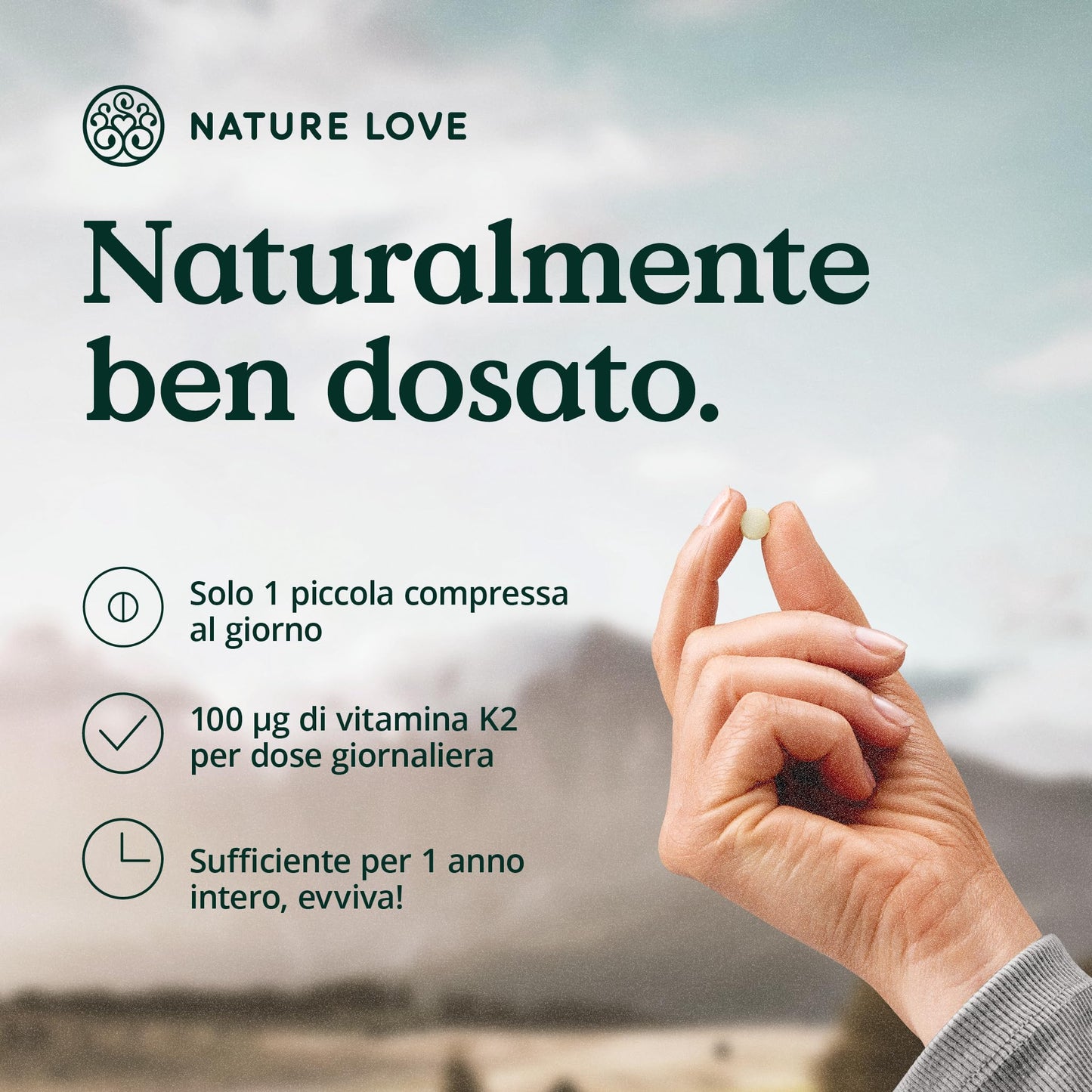 NATURE LOVE® Vitamina K2 MK-7-365 compresse - 100µg per compressa - contenuto di MK-7 menachinone all-trans >99,97% - ad alto dosaggio, vegane, testate in laboratorio e prodotte in Germania