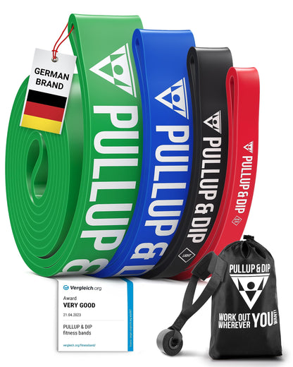 PULLUP & DIP Elastico Fitness per Trazioni, Bande Elastici Fitness con Borsa, Gancio Porta (per Set) e Guida Esercizi, Bande Elastiche di Resistenza, Resistance Bands per Calisthenics, Freeletics