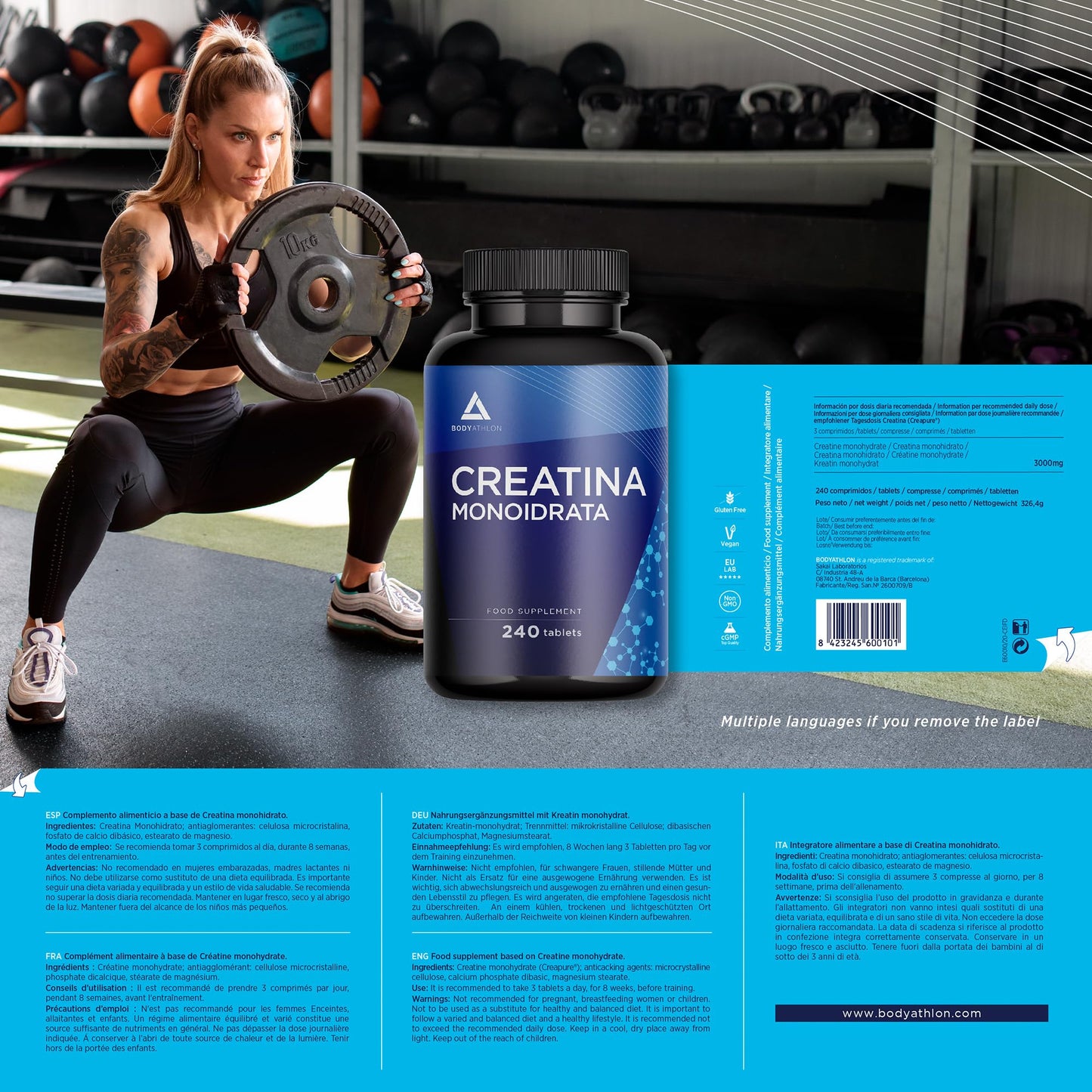 Bodyathlon- Creatina Monoidrata Creapure® 240 compresse- Creatina pura 3000mg per dose- Qualità guarantita senza additivi– Aumenta la massa musculare, forza e resistenza