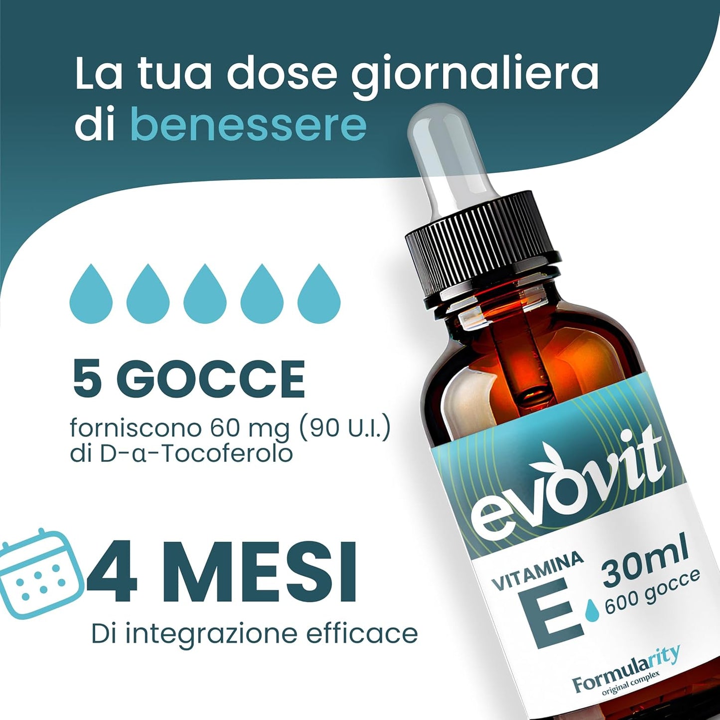 EVOVIT VITAMINA E - 4 Mesi di Fornitura-In Olio Extravergine d'Oliva Italiano-Integratore Naturale Tocoferolo 60mg/90UI Massimo Assorbimento Antiossidante, Anti-aging per Pelle, Capelli -Made in Italy