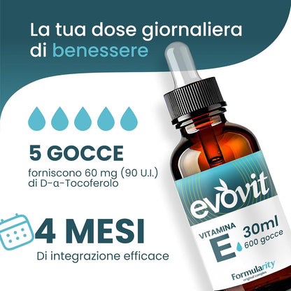 EVOVIT VITAMINA E - 4 Mesi di Fornitura-In Olio Extravergine d'Oliva Italiano-Integratore Naturale Tocoferolo 60mg/90UI Massimo Assorbimento Antiossidante, Anti-aging per Pelle, Capelli -Made in Italy