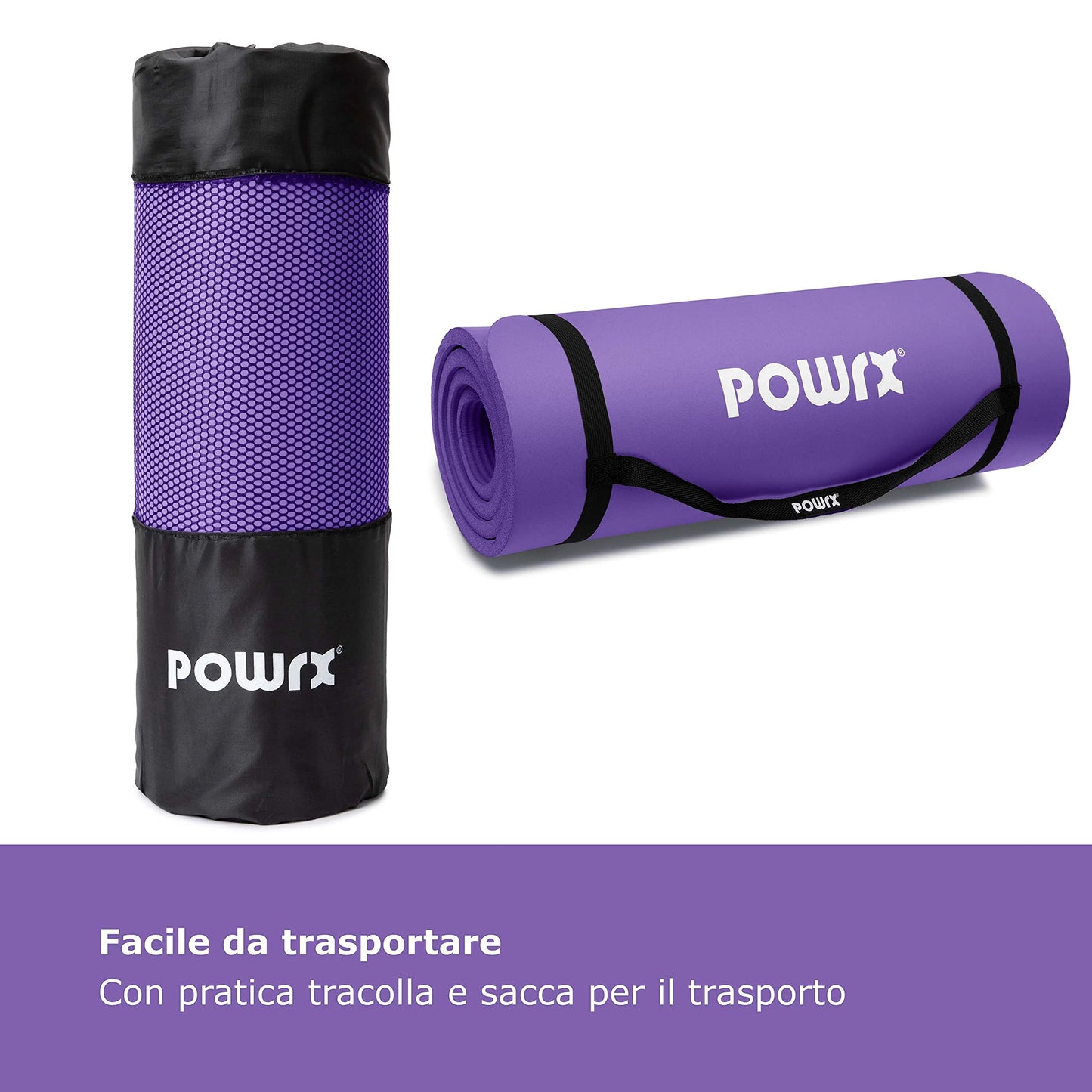 POWRX Tappetino Fitness Antiscivolo 190 x 60, 80, 100 cm - Ideale per Yoga, Pilates e Ginnastica - Extra Morbido e Spessore da 1,5 cm o 1 cm - Ecocompatibile con Tracolla e Sacca Trasporto + Poster