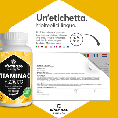 Vitamina C 1000mg (1 Anno) + Zinco + Bioflavonoidi, 360 Compresse, 1 Compresse per Giorno, Vegan Vitamina C Pura Dose Forte, Qualità Tedesca, Integratore Alimentare senza Additivi. Vitamaze®