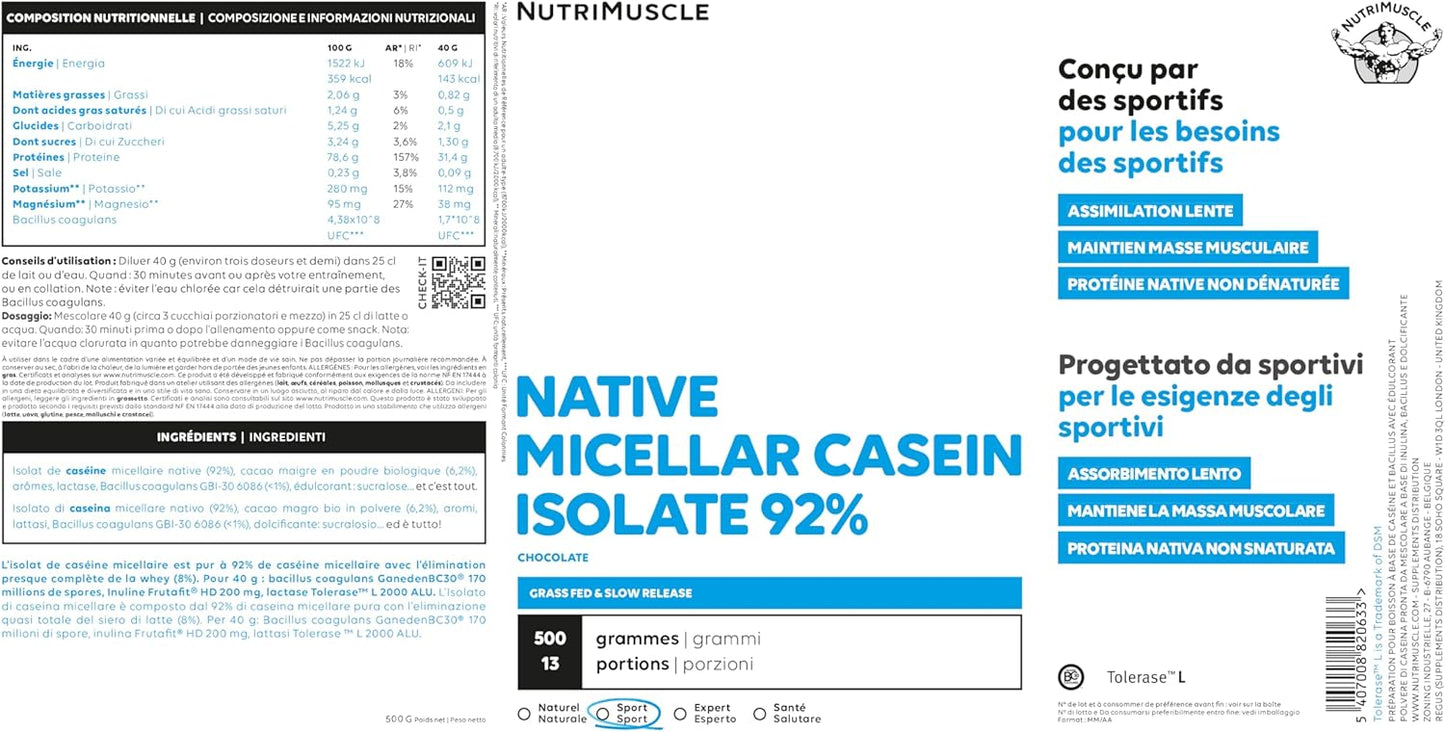 Nutrimuscle Caseina Micellare Isolata | Purezza record 92% - Costruzione muscolare - Soppressore dell'appetito - Assimilazione molto lenta - Non OGM - Costruzione muscolare e fitness (500 g)