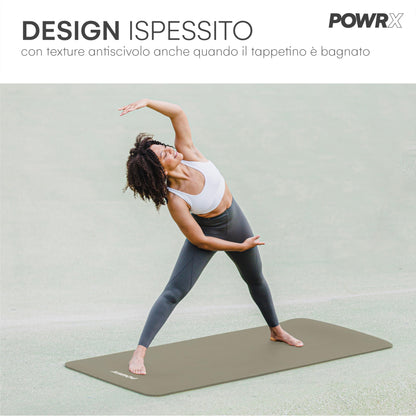 POWRX Tappetino Fitness Antiscivolo 190 x 60, 80, 100 cm - Ideale per Yoga, Pilates e Ginnastica - Extra Morbido e Spessore da 1,5 cm o 1 cm - Ecocompatibile con Tracolla e Sacca Trasporto + Poster