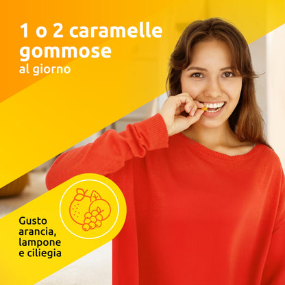 Supradyn Energy Multivitaminico Caramelle, Integratore Completo, con Vitamine A, B, C, D, E e Coenzima Q10, 70 Caramelle Gommose Multivitaminiche Gusto Ciliegia, Lampone e Arancia