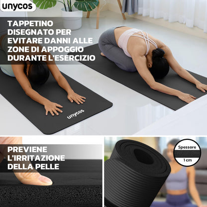 unycos - Tappetino Antiscivolo da Yoga, Pilates e Ginnastica Extra Spesso 10/15 mm, 183x60 cm, Materassino Fitness con Schiuma NBR Confortevole, Tracolla, Borsa ed E-Book di 50 Esercizi