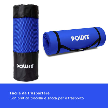 POWRX Tappetino Fitness Antiscivolo 190 x 60, 80, 100 cm - Ideale per Yoga, Pilates e Ginnastica - Extra Morbido e Spessore da 1,5 cm o 1 cm - Ecocompatibile con Tracolla e Sacca Trasporto + Poster