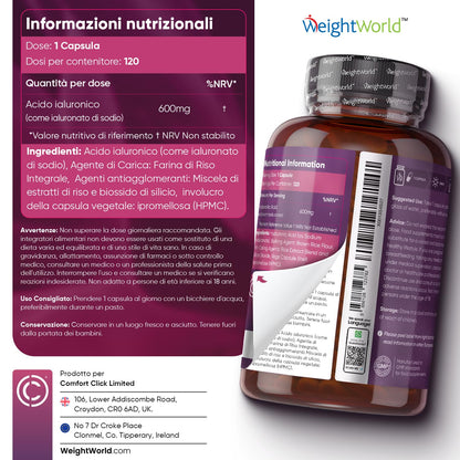 Acido Ialuronico Integratore Vegan 600mg con 500-700 kDa, 120 Capsule Hyaluronic Acid per 4 Mesi, Sodio Ialuronato, 1 Capsula al Giorno, Acido Ialuronico Puro Alternativa a Acido Ialuronico Compresse