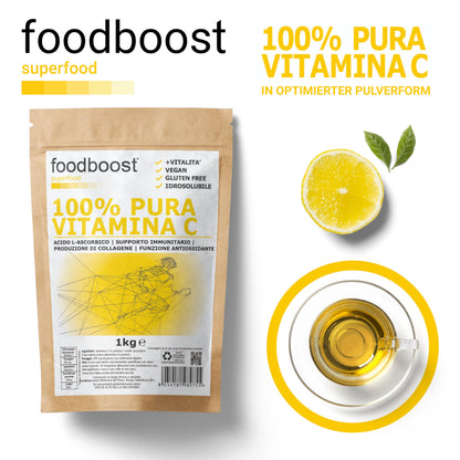 100% Vitamina C in polvere Pura 1 Kg - foodboost - senza additivi, conservanti, edulcoranti. Per Collagene, supporto immunitario, ossa e articolazioni. marchio di fiducia italiano