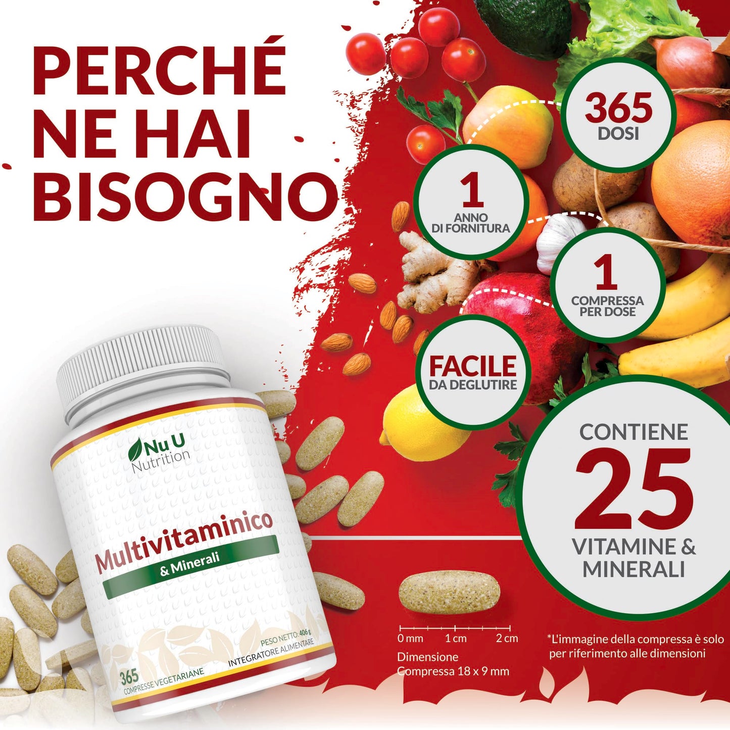 Multivitaminico Completo - 365 Compresse (1 Anno di Scorta) - 25 Vitamine e Minerali per Uomo e Donna - Adatto ai Vegetariani - Integratore Nu U Nutrition