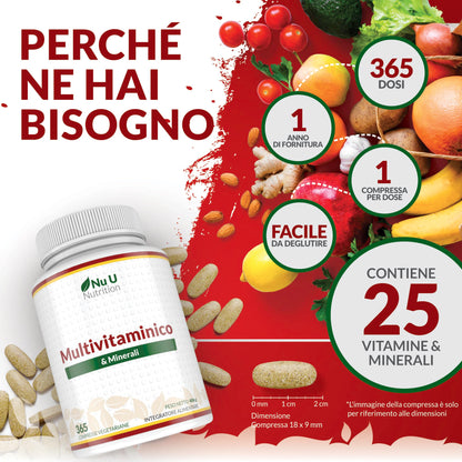 Multivitaminico Completo - 365 Compresse (1 Anno di Scorta) - 25 Vitamine e Minerali per Uomo e Donna - Adatto ai Vegetariani - Integratore Nu U Nutrition