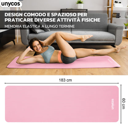 unycos - Tappetino Antiscivolo da Yoga, Pilates e Ginnastica Extra Spesso 10/15 mm, 183x60 cm, Materassino Fitness con Schiuma NBR Confortevole, Tracolla, Borsa ed E-Book di 50 Esercizi