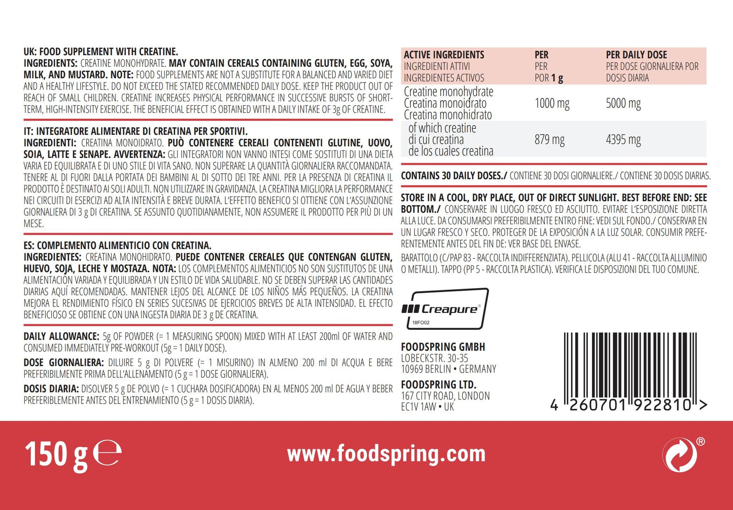 foodspring Creatina in polvere, 150 g, creatina monoidrato pura per la crescita muscolare, la forza e la resistenza, Made in Germany