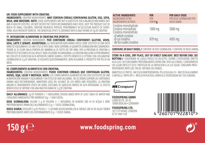 foodspring Creatina in polvere, 150 g, creatina monoidrato pura per la crescita muscolare, la forza e la resistenza, Made in Germany