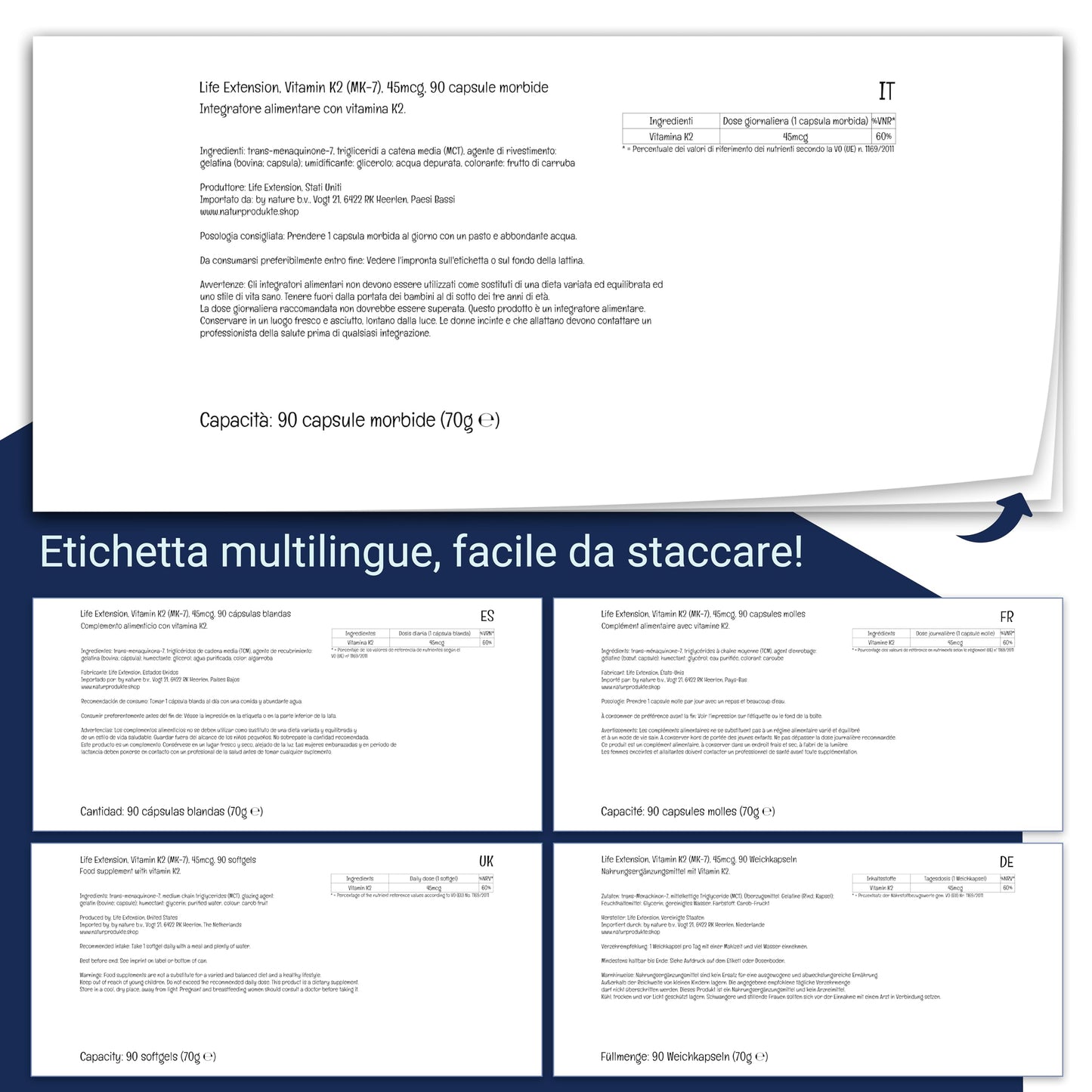 Life Extension, Vitamina K2 a Basso Dosaggio, con Trans-MK-7, 45mcg, 90 Capsule molli, Testate in Laboratorio, Senza Glutine, Senza Soia, Non OGM