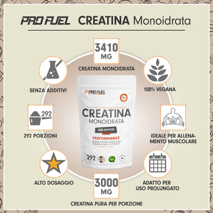 Creatina monoidrata polvere 1kg / 1000g micronizzata ad alto dosaggio, pura senza additivi, 100% vegana