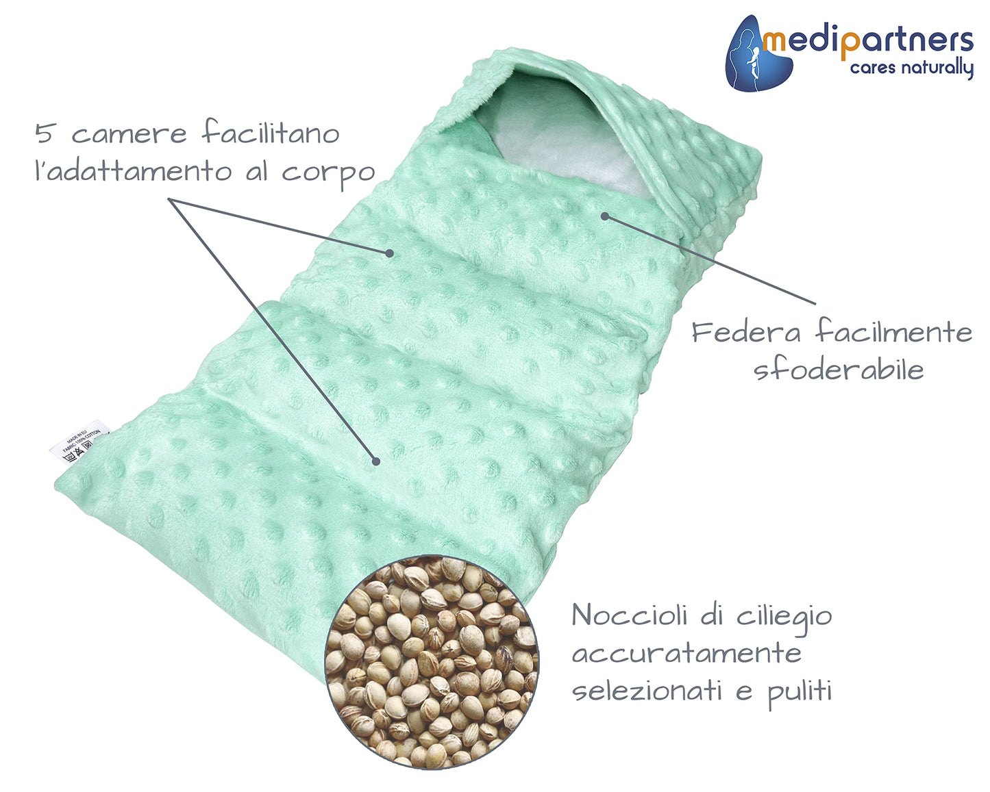 Medi Partners Cuscino Termico noccioli ciliegio 60x20cm 800g 100% Cotone 5 Camere Grande Terapia del freddo Federa sfoderabile (Stelle)