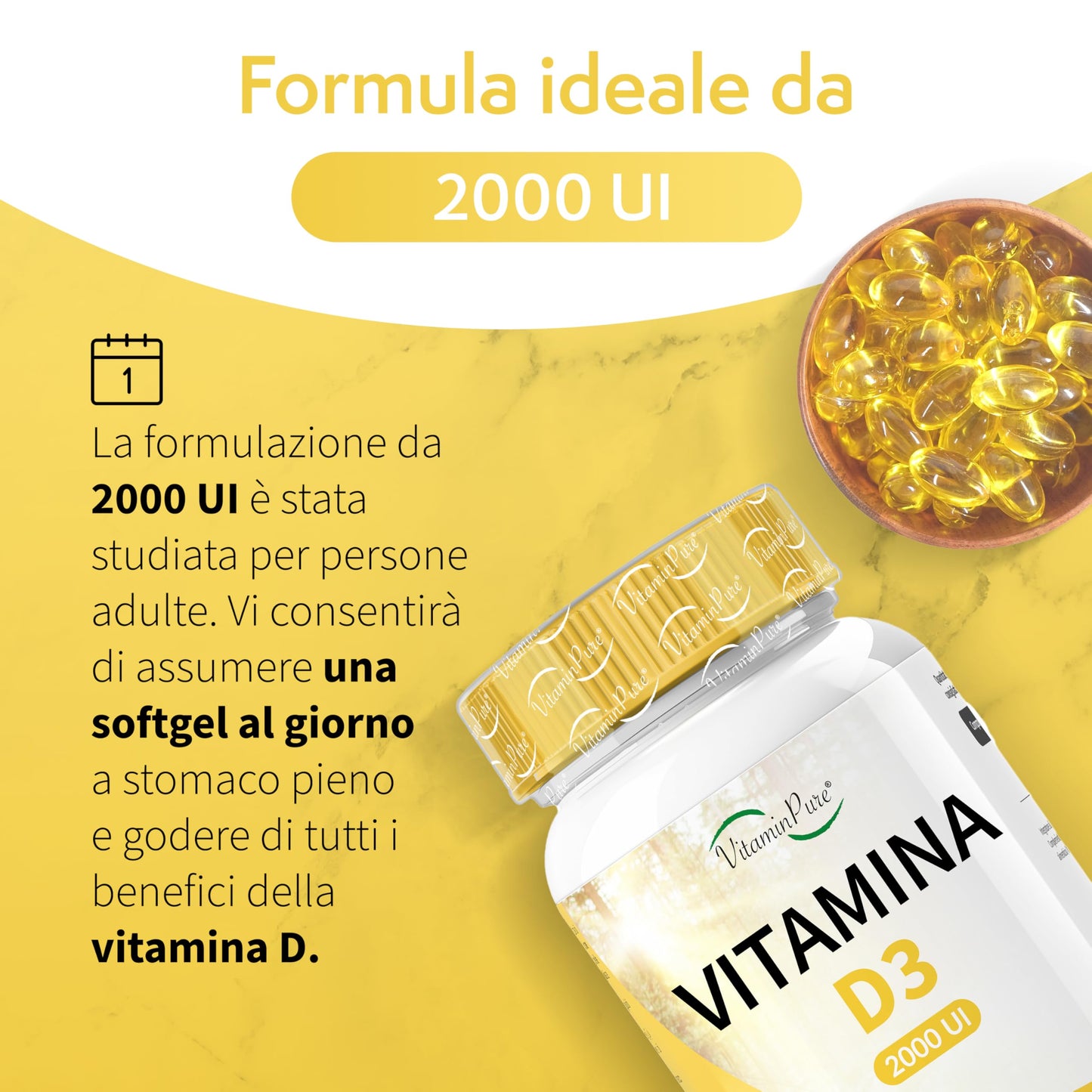 VitaminPure - Vitamina D3 2000 UI Alto Dosaggio, 365 SoftGel Facili da Deglutire, Integratore Vitamina D (Vit D)