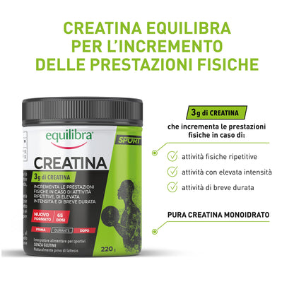 equilibra Integratori Alimentari, a Base di Creatina, Integratore Energia per Sportivi, Incrementa le Prestazioni Fisiche in Caso di Attività Ripetitive, Senza Glutine, Barattolo 220 g