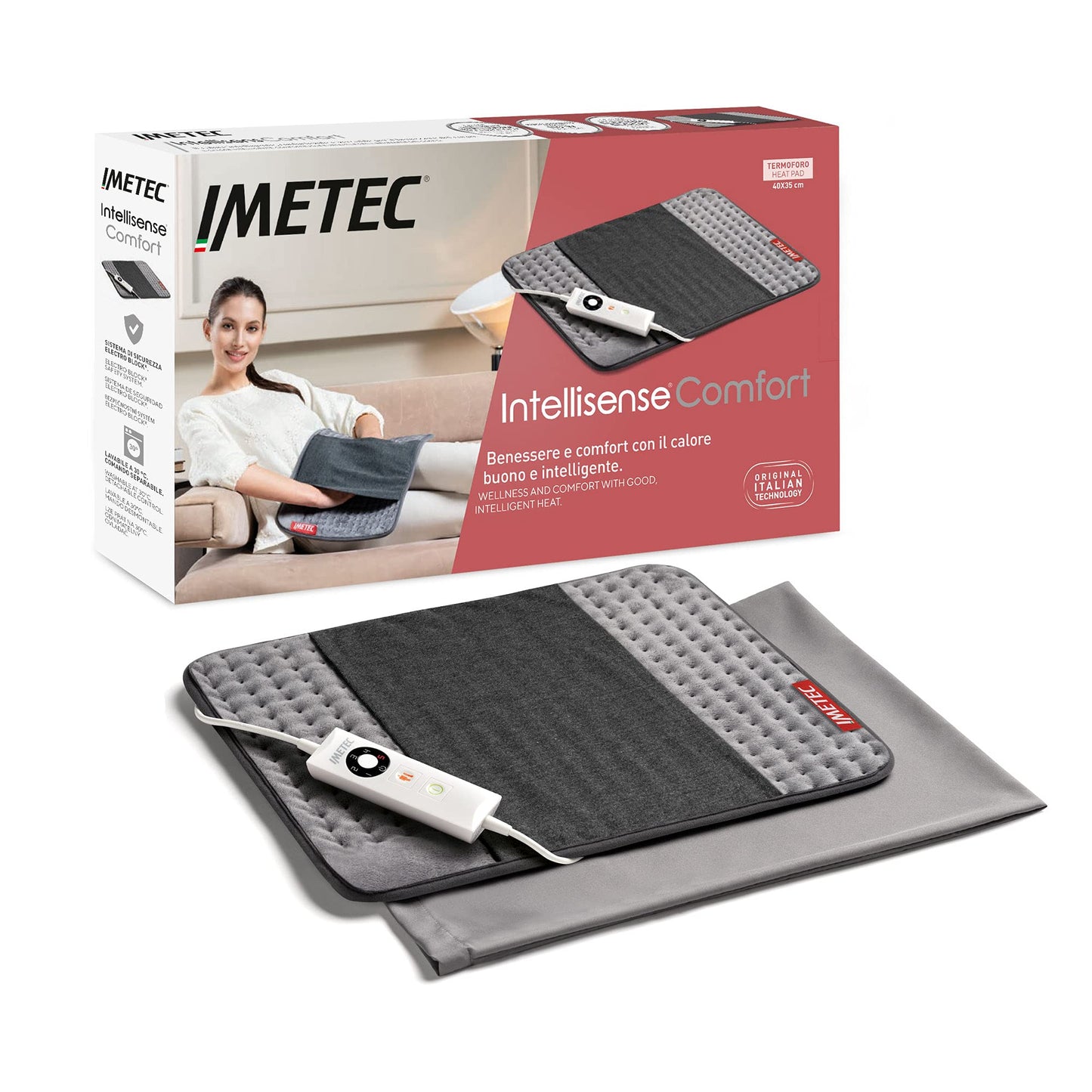 Imetec Intellisense Comfort, Termoforo multiuso, Cuscino termico, Per schiena e addome, Tasca per mani, Rapido riscaldamento, Tessuto anallergico, 5 temperature, Electro block di sicurezza, Lavabile