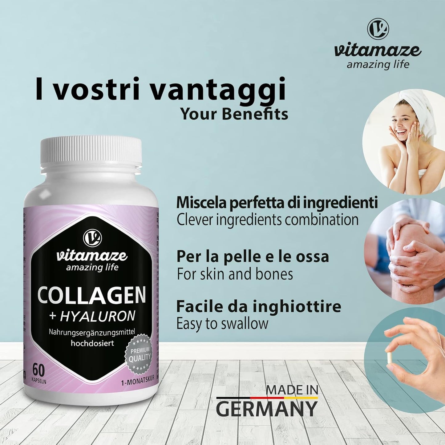 Vitamaze® Collagene con Acido Ialuronico + Condroitina + Lisina, 60 Capsule Idrolizzato, senza Additivi non Necessari.