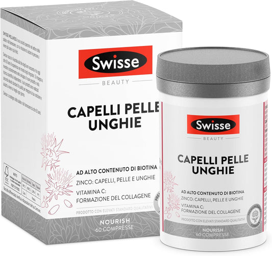 SWISSE Capelli Pelle Unghie - Integratori per Capelli, Pelle e Unghie con Vitamina C Biotina Cardo Mariano, 60 Compresse - Zinco Integratore Capelli, Formazione Collagene e Unghie Sane - Made in Italy