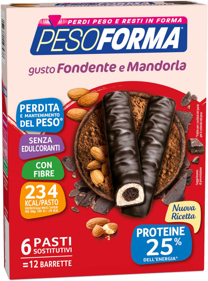 Pesoforma Barrette Cioccolato Fondente e Cuore di Mandorla, Pasto sostitutivo per il controllo del peso, Barrette proteiche, Barrette per restare in forma, Solo 234 calorie, 12x31g