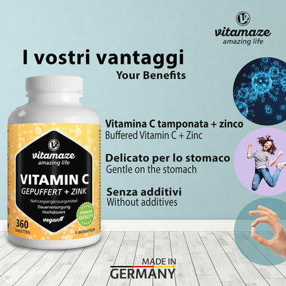 Vitamina C 1000mg (1 Anno) + Zinco + Bioflavonoidi, 360 Compresse, 1 Compresse per Giorno, Vegan Vitamina C Pura Dose Forte, Qualità Tedesca, Integratore Alimentare senza Additivi. Vitamaze®