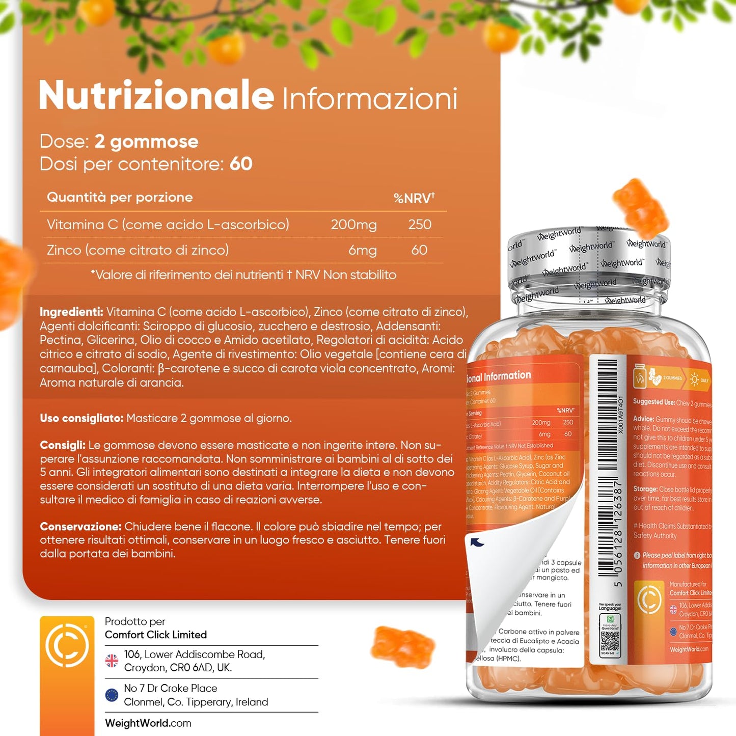 Vitamina C Masticabile con Zinco, 120 Vitamine Caramelle Gommose (2 Mesi), Zinco Integratore e Vitamina C come Acido Ascorbico, Orsetti Gommosi con Vitamina C Bambini e Adulti al Gusto Arancia Vegan