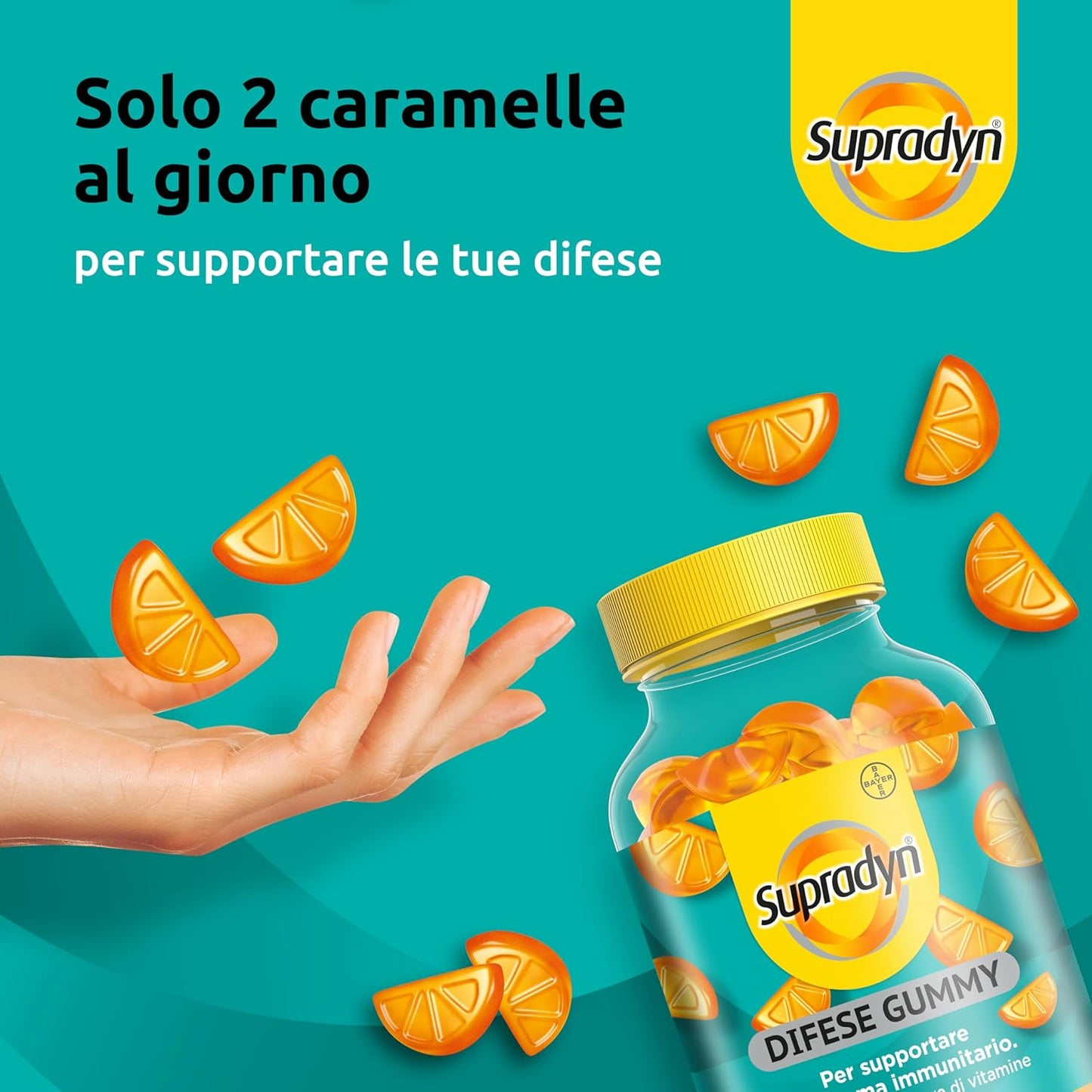 Supradyn Difese Gummy Multivitaminico Caramelle, Integratore Multivitaminico Difese Immunitarie Adulti con 7 Vitamine e Zinco, Vitamina D, Vitamina C, 120 Vitamine Gommose Gusto Arancia