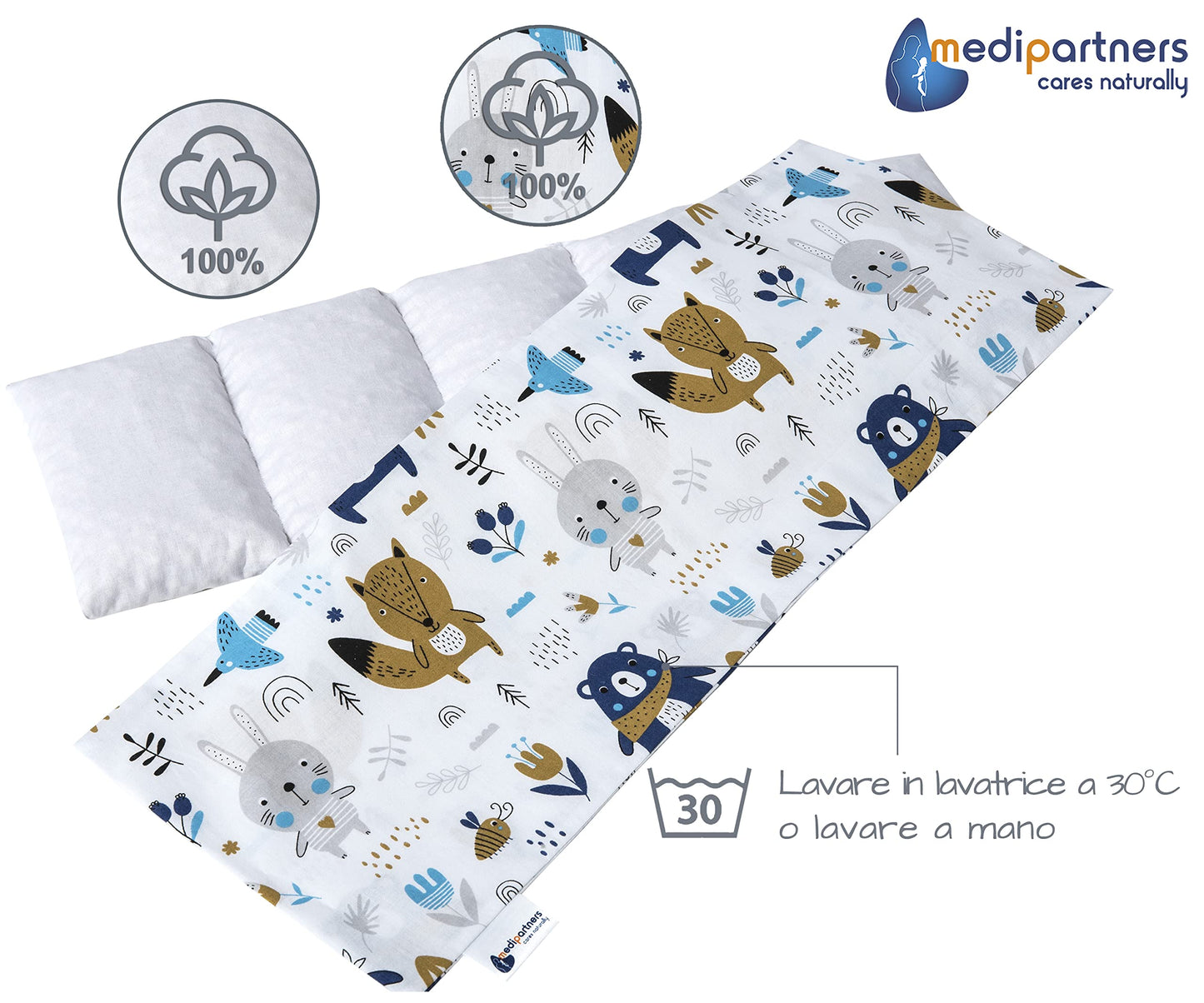 Medi Partners Cuscino Termico noccioli ciliegio 60x20cm 800g 100% Cotone 5 Camere Grande Terapia del freddo Federa sfoderabile (Stelle)