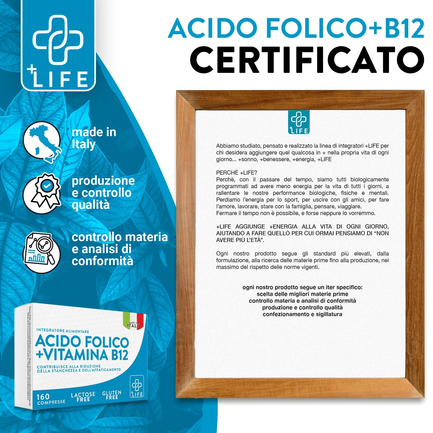 Acido Folico 400 mg Con B12 160 Compresse PiuLife® 1 Al Giorno, Folina Integratore Acido Folico E Vitamina B12, Energia Contro Stanchezza E Affaticamento, Mamma