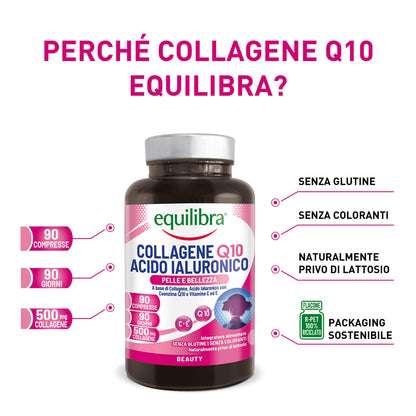 equilibra Integratori Alimentari, Collagene Q10 Acido Ialuronico, Benessere e Bellezza della Pelle, a Base di Collagene Idrolizzato, Acido Ialuronico, Coenzima Q10, Vitamine C ed E, 90 Compresse