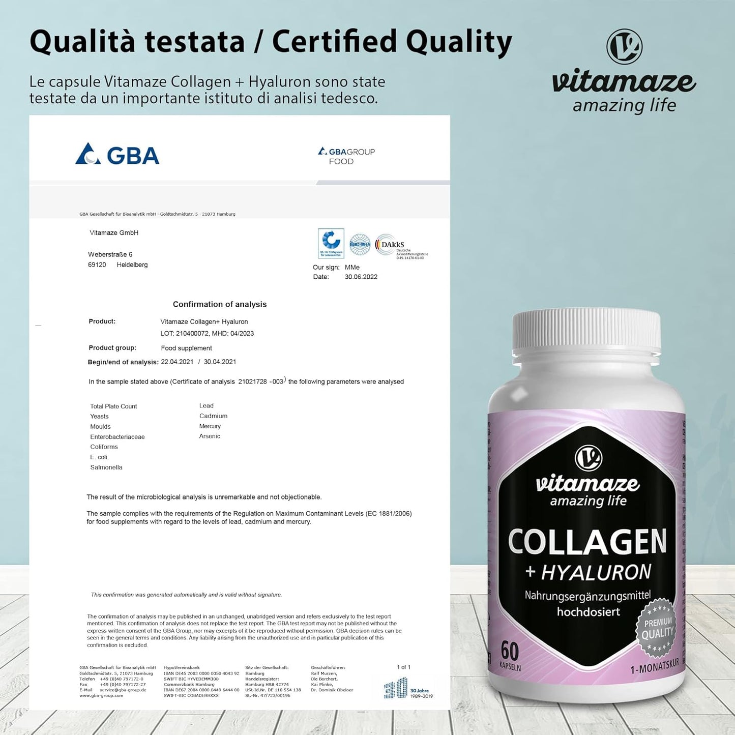 Vitamaze® Collagene con Acido Ialuronico + Condroitina + Lisina, 60 Capsule Idrolizzato, senza Additivi non Necessari.