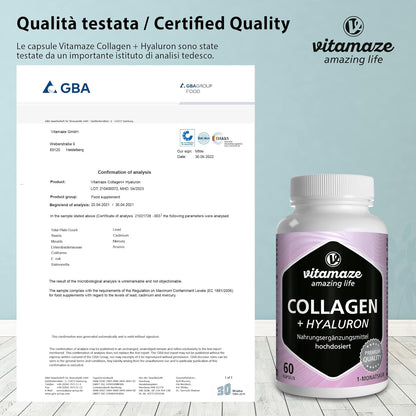 Vitamaze® Collagene con Acido Ialuronico + Condroitina + Lisina, 60 Capsule Idrolizzato, senza Additivi non Necessari.