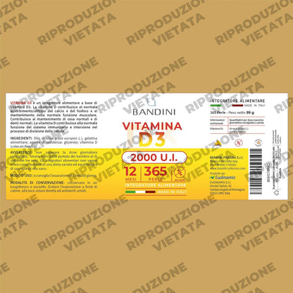 Bandini® Vitamina D3 2000 UI 365 Softgel | Alto Dosaggio 50μg | Vitamine D Colecalciferolo (Vit D) | IN OLIO D'OLIVA EXTRAVERGINE per Assorbimento Ottimale | Ossa, Denti, Muscoli, Sistema immunitario