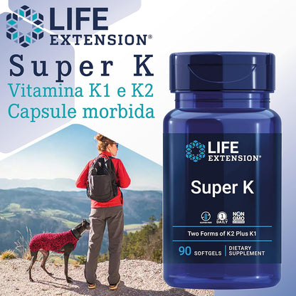 Life Extension, Super K, con MK-7, Depot, Altamente Dosato, 90 Capsule molli, Testate in Laboratorio, Senza Glutine, Senza Soia, Non OGM