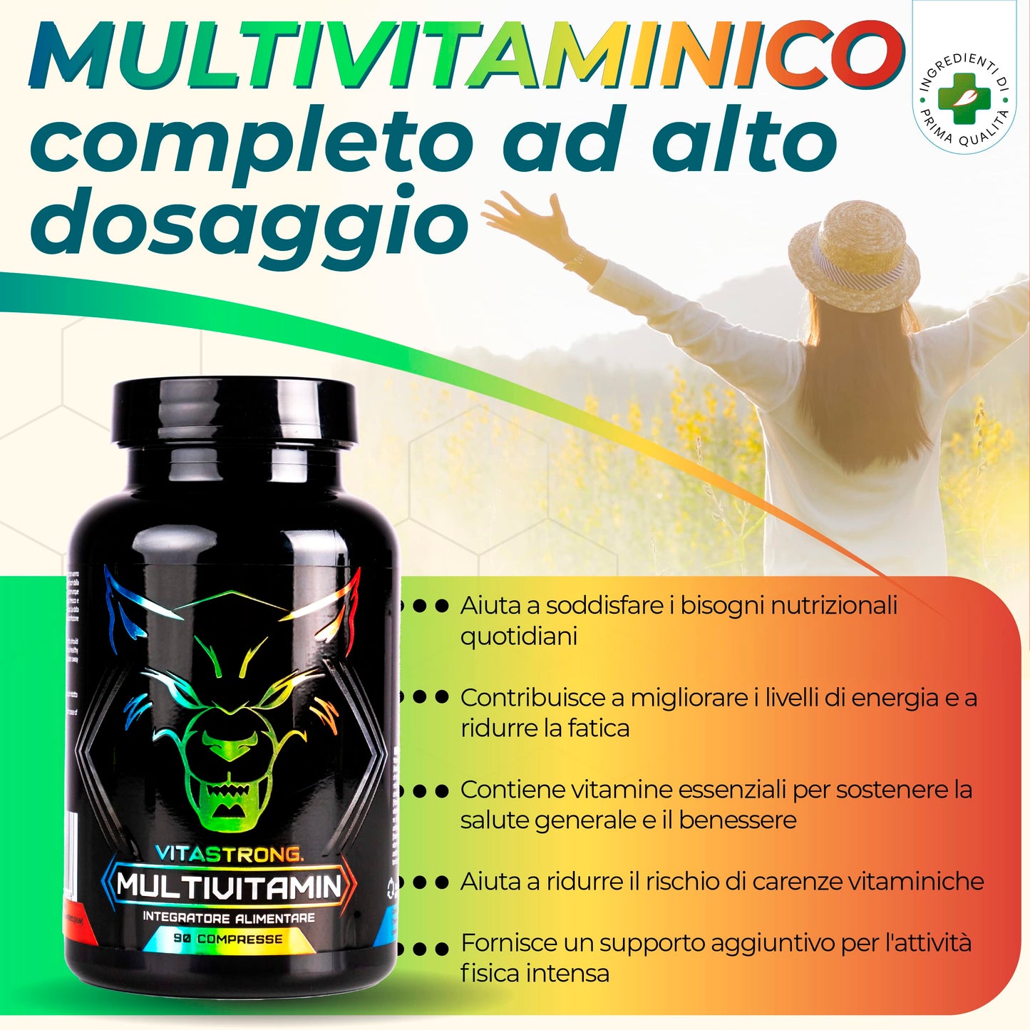 Multivitaminico Completo | Vitastrong Vitamina C, E, B1, B2, B6, D, A, K, B12, Biotina | 100% Naturale e Puro | 13 Vitamine Ad Alto Dosaggio | Made in Italy