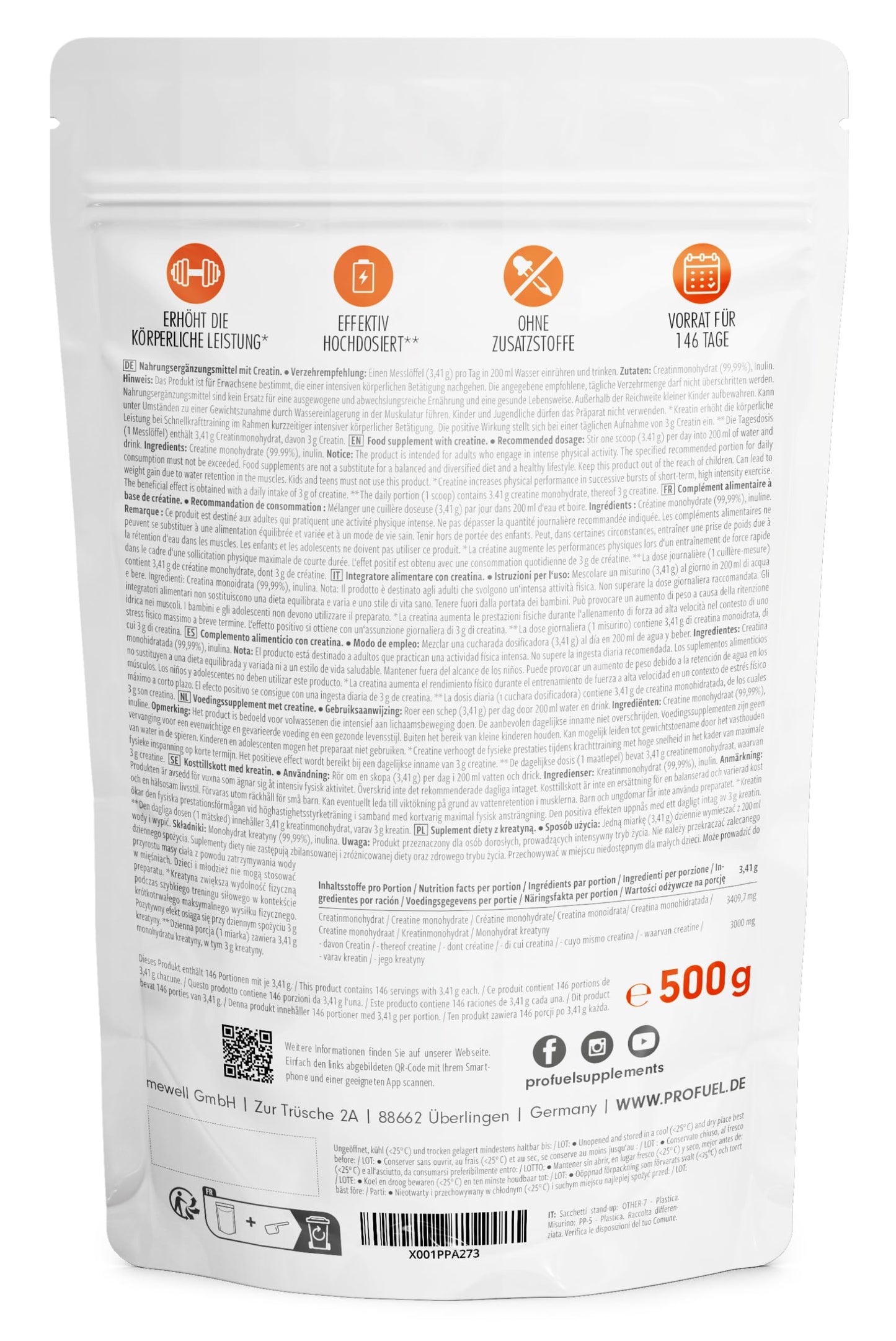 Creatina monoidrata polvere 1kg / 1000g micronizzata ad alto dosaggio, pura senza additivi, 100% vegana