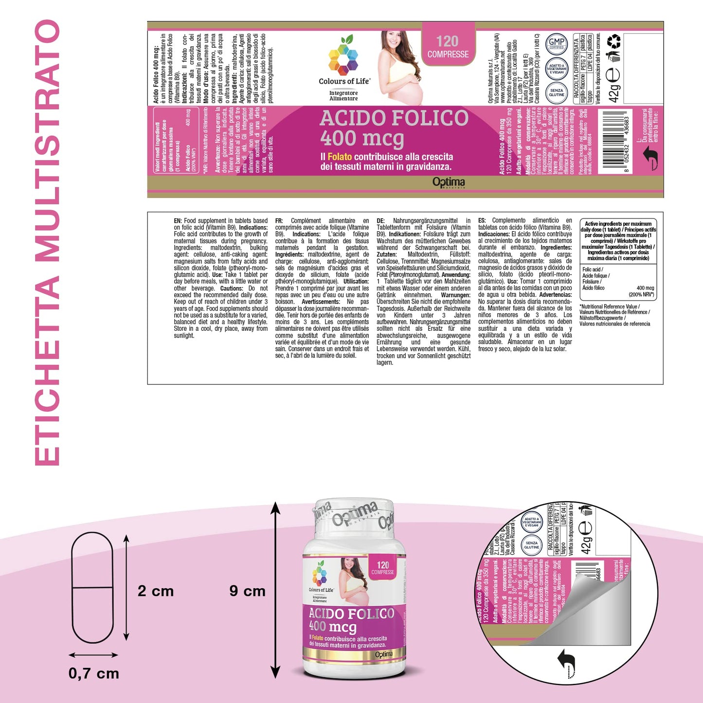 Optima Naturals Colours of Life Acido Folico 400 mcg - Integratore di Contribuisce alla Crescita dei Tessuti Materni Gravidanza Senza Glutine Vegano, 120 Compresse