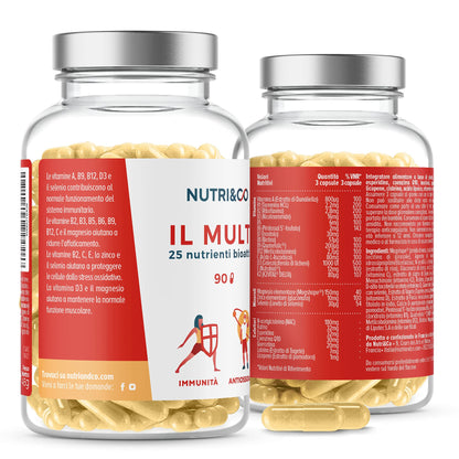 NUTRI & CO Multivitaminico Multiminerale - 25 Vitamine e Minerali con Vitamina A B C D3 E K2, Zinco, Magnesio, Coenzima Q10 - Integratore Multivitaminico Completo per Uomo e Donna - 90 Capsule