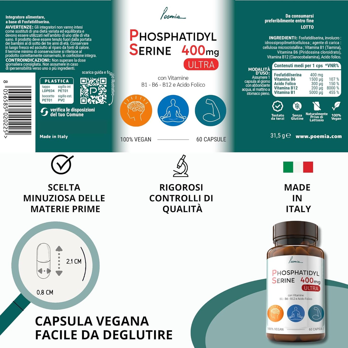 Fosfatidilserina Pura Ps 400mg Contrasta il Cortisolo Migliora Memoria e Concentrazione Riduce lo Stress Integratore con Vitamina B1 (Tiamina) B6 B12 Acido Folico 60 Capsule Poemia