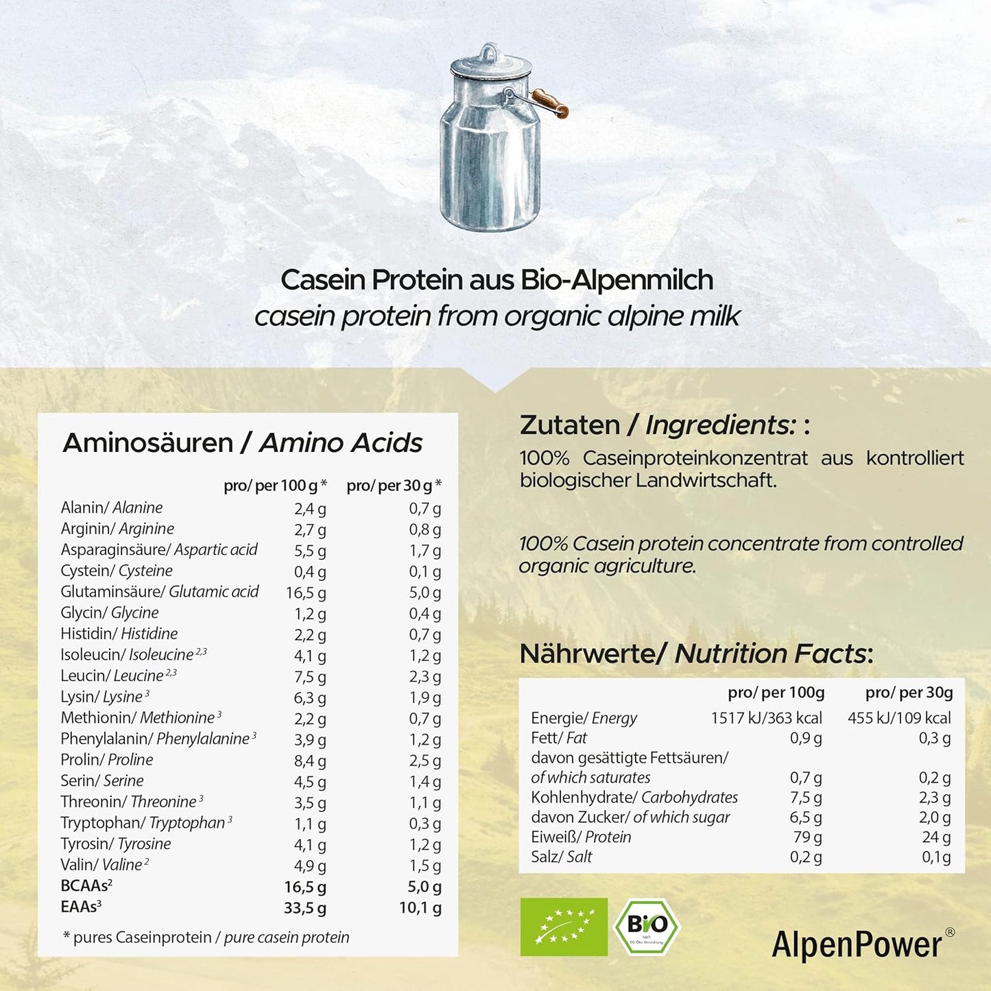 AlpenPower proteina caseina micellare biologica con BCAA e aminoacidi - 100% proteine della caseina in polvere senza additivi - a base del miglior latte d'alpeggio biologico - 750 g