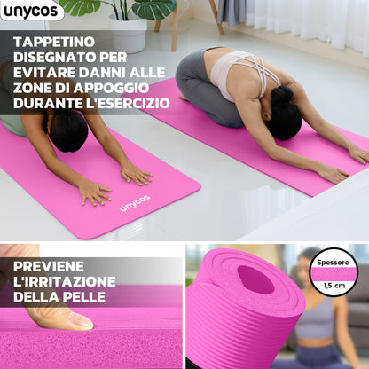 unycos - Tappetino Antiscivolo da Yoga, Pilates e Ginnastica Extra Spesso 10/15 mm, 183x60 cm, Materassino Fitness con Schiuma NBR Confortevole, Tracolla, Borsa ed E-Book di 50 Esercizi